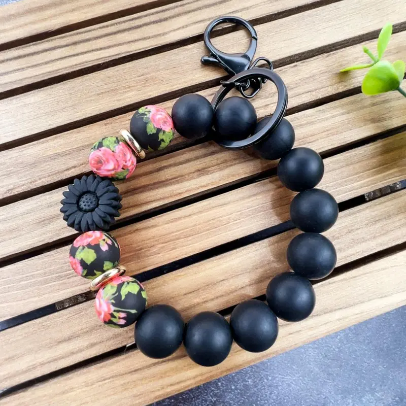 Silicone Beaded Wristlet Floral Pattern Keychain, Keyrings, Boho Botanical Leaf Print Silicone Beads Key Ring Holder, Daisy Neutral Earthy Tone Beaded Keychain for Women, Hands-Free Anti-Lost Wrist Strap for Keys Purse Bag Accessories, Vintage Cottageco