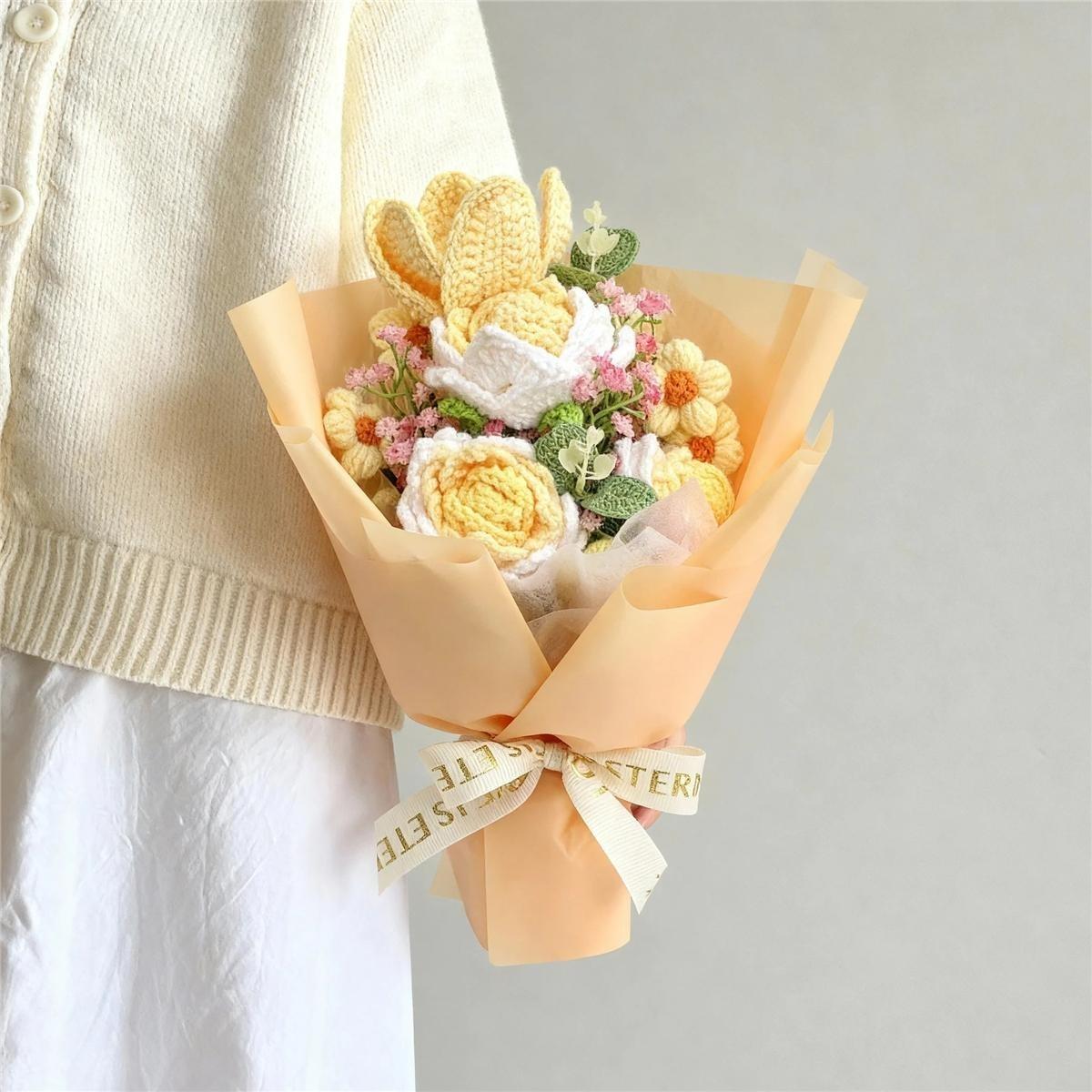 Mother's Day 1pc Handmade Knitted Rose & Lily Bouquet, Yarn Crochet Artificial Floral, Home Decoration, Perfect Gift for Christmas,  Valentine's Day, Birthday, Wedding and Anniversary