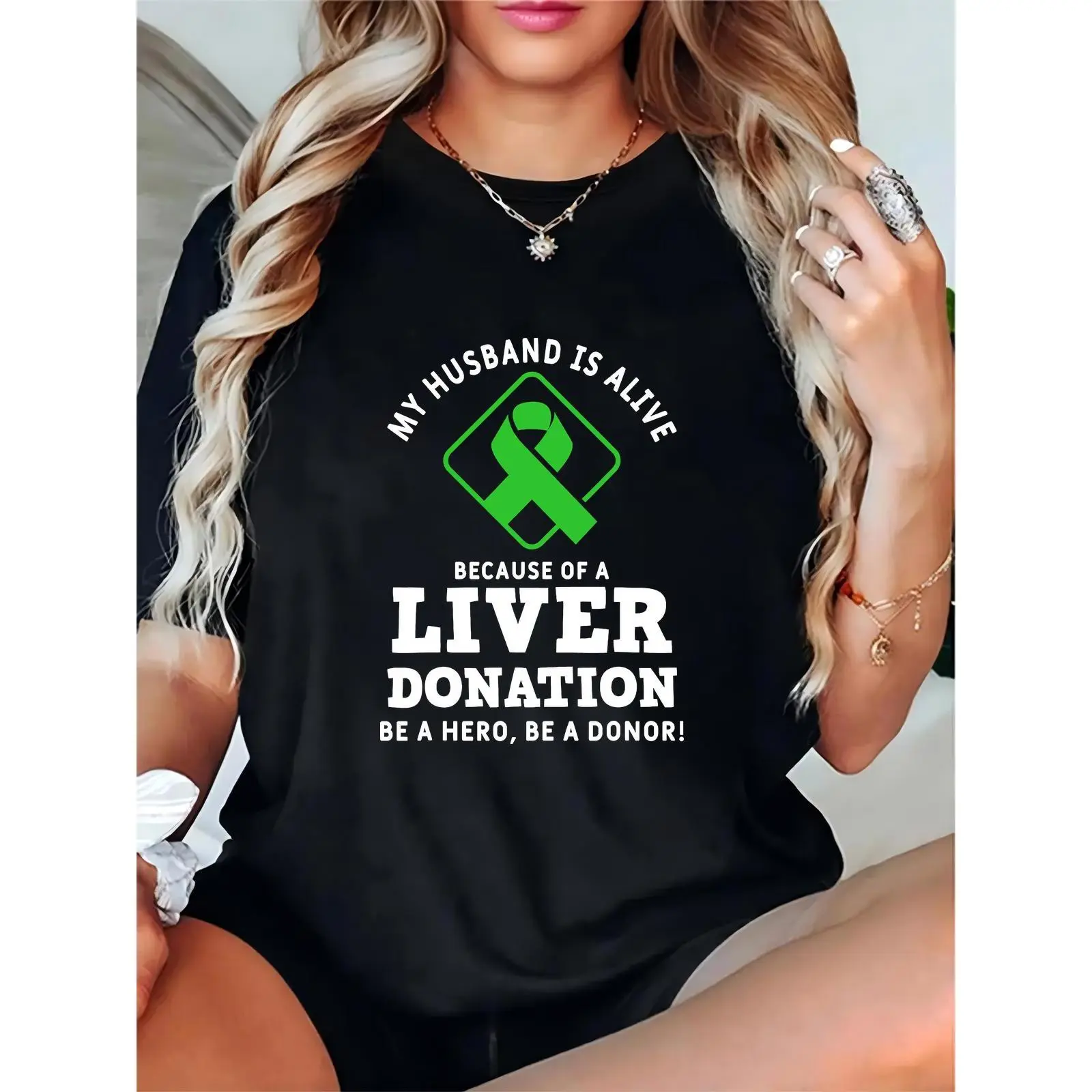 Women's Liver Donation Awareness T-Shirt, Green Ribbon & "My Husband Is Alive Because of a Liver Donation" Quote, Be a Hero Donor, Casual Daily/Charity Top, Prints, Day, Basic, Comfortable, Shortsleeve, Feminine, Cotton, Essential, Elegant, Fit, Ladies, R