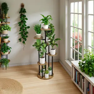 LINZINAR 4/5/6 Tier Multi-Shelf Flower Pot Holder For 9 Potted Plants - Indoor Planters With Large Flower Accent Tiers, Raised Planter Racks, For Living Room Corner, Patio Decor, Large Flower Tiers