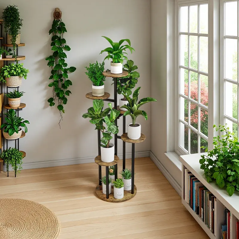 LINZINAR 4/5/6-Tier Pot Plant Stand - Anti-Slip EVA Base, 11.81 in*11.81 in*41.93 in Compact Size Fits Tight Corners, Raised Racks Fits 6-9 Pots in 1 Rack, Holds Photos & Frames, Indoor/Outdoor Home Organizer