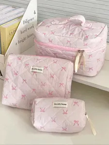 Bow Pattern Makeup Bag Set, Large Capacity Cosmetic Storage Bag with Zipper & Handle, Portable Makeup Organizer Pouch for Travel, Toiletry Bag, Travel Cosmetic Bags, Cosmetics Organizer