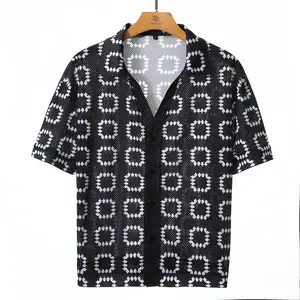 Grandclad Men's Retro Lightweight Geometric Print Cuban Collar Short-Sleeved Cardigan Breathable Mesh Beach Party Top