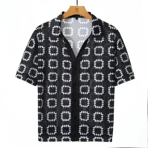 Grandclad Menswear Men's Retro Lightweight Geometric Print Cuban Collar Shortsleeve Shirt - Breathable Mesh Clothes for Beach Party, Mens Clothing,clothes for back to school,first day of school outfits