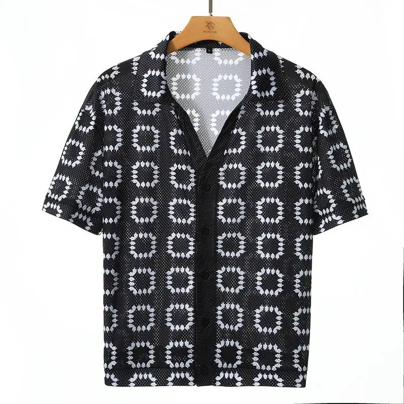 Grandclad Menswear Men's Retro Lightweight Geometric Print Cuban Collar Shortsleeve Shirt - Breathable Mesh Clothes for Beach Party, Mens Clothing,clothes for back to school,first day of school outfits
