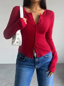 Women's Solid Color Long Sleeve Button Front Tee, Casual Fashion T-shirt Top for Spring & Fall, Womenswear for Daily Wear