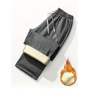Men's Plus Size Casual Sweatpants - Winter Warmth Thickened Fleece-Lined, Geometric Pattern, Stretch Fit, Regular Cut, Polyester Knit Fabric