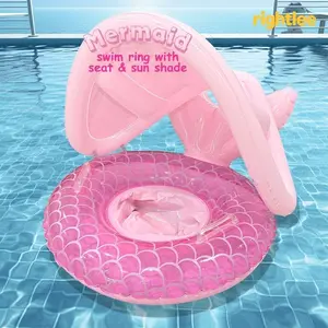 Dreamy Mermaid Tail Kids Inflatable Swim Ring, Foldable Sunshade, Anti-Tip Handle, Thick PVC, Baby Outdoor Water Play Float