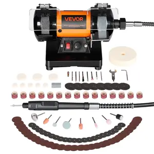 VEVOR Bench Buffer Polisher, 8300-10600 RPM Adjustable Speed, Polishing Buffing Machine with Grinding, Fiber, and Wool Wheels, 100-Piece Accessory Kit, for Jewelry, Wood, Metal, Raw Stone, Jade DIY