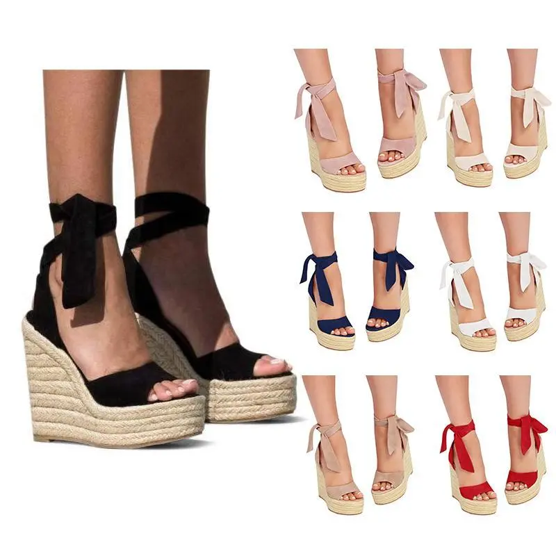 Classy Women's Wedge Sandals, Faux Suede Espadrille Platform Footwear with Lace Up Ankle Tie and 4-Inch Heel