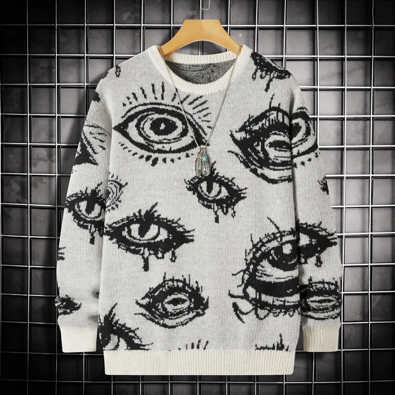 #Springfresh Men's Eye Pattern Round Neck Sweater Regular Fit Casual Long Sleeve Round Neck Sweater Autumn/Winter Soft Knitted Daily Wearing Pattern Eye Pattern Fashion Men's Top Fabric Office Round Neck Jacquard Knitted Sweater Large Pattern