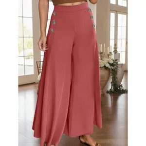 Women's Solid Button Wide Leg Trousers, Casual Comfy Palazzo Pants for Daily Wear, Ladies Bottoms for All Seasons, Wideleg Pants