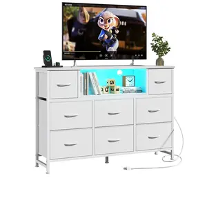 8-Drawer Fabric Storage Cabinet with Electrical Socket, LED TV Cabinet, USB & Type-C Interfaces, Safe Charging Station & USB Ports Cupboards for Living Room Media & Device Storage