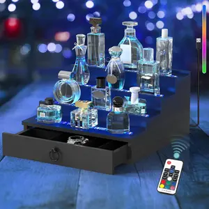 LED Lighted Cologne Organizer for Men, 4 Tier Wood Perfume Organizer with Velvet Lined Drawer, Multi Lighting Modes Perfume Display Holder with Remote, Cologne Shelf Stand, Nice Gift for Men
