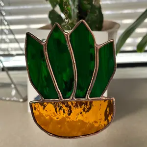 Succulent Art Glass, Suncatcher, stained glass, cooper finished, green and terracotta glass,  measures: 3 x 4 inches, perfect gift.