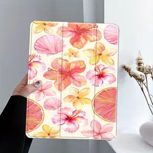 Grace Tropical Watercolor Hibiscus iPad Case, Seashell & Grapefruit Print, Trifold Stand & Auto Wake/sleep Feature, Fits iPad Models From 7.9 to 13 InchShock-resistant Full Cover Protective Case Suitable for Offices Schools Homes