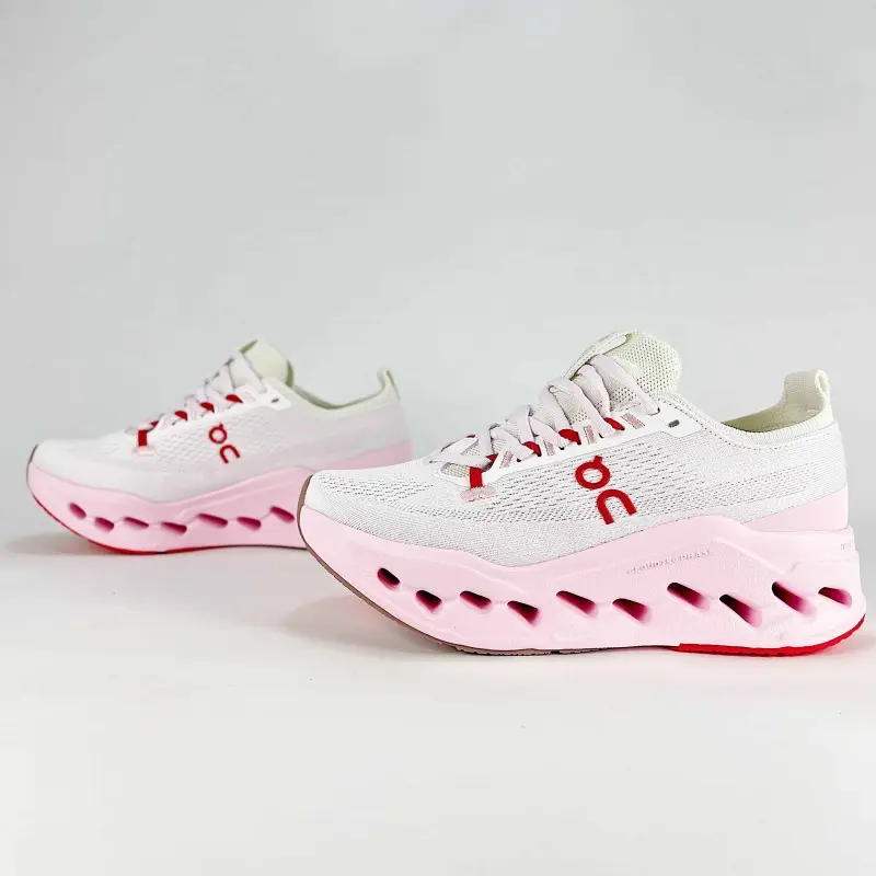 Ladies Soft Knit White Sport Sneakers, Cutout Light Pink Cushion Midsole Red Lace Details, Comfy Footwear for Gym Workout City Walk Weekend Trip