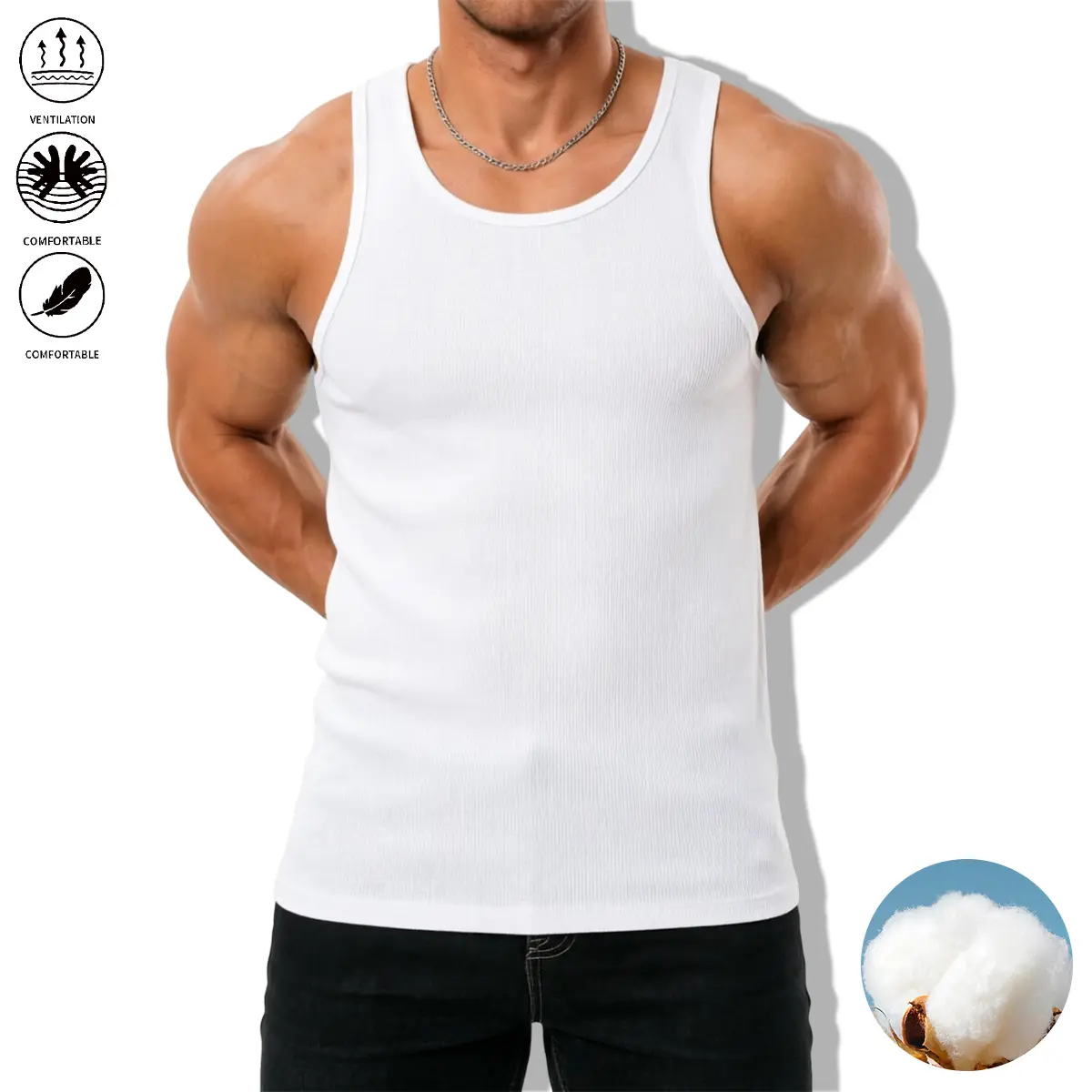 Men’s Plain Breathable Fine Ribbed Stretch Tank Top - 92% Cotton Menswear Sleeveless Layer Fabric Boxing Muscle Shirt, Soft Elastic Undershirt for Workouts, Everyday Wear - White