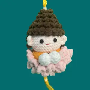 Handmade Crochet Buddha Sitting on Lotus Hanging on Car Adorable Design with Brown Hat and Yellow Rope Yarn Craft chiacrafts  patterns