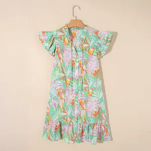 Women's Feminine Green Abstract Floral Cotton Dress, Casual Style with Ruffle Trim, Flutter Sleeves, and Buttoned Design for Ladies
