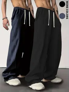 2-Pack Men's Summer Loose Wide-Leg Trousers - Elastic Drawstring Waist, Minimalist Oversized Casual Fit, Premium Breathable Fabric for Daily Streetwear & Leisure, Nontransparent Material, High-Street Style, Menswear, tiktokshopspringglowup, summervibe fat