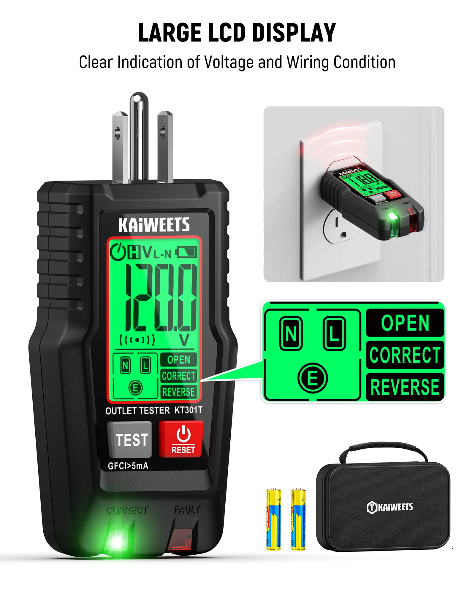 Smart Electrical Outlet Tester with LCD Display – 7-Way GFCI Circuit Tester, 3-Prong 120V AC Voltage Socket Checker with 6 Visual Indications, Auto Data Hold & Low Battery Alert – Essential for Homeowners