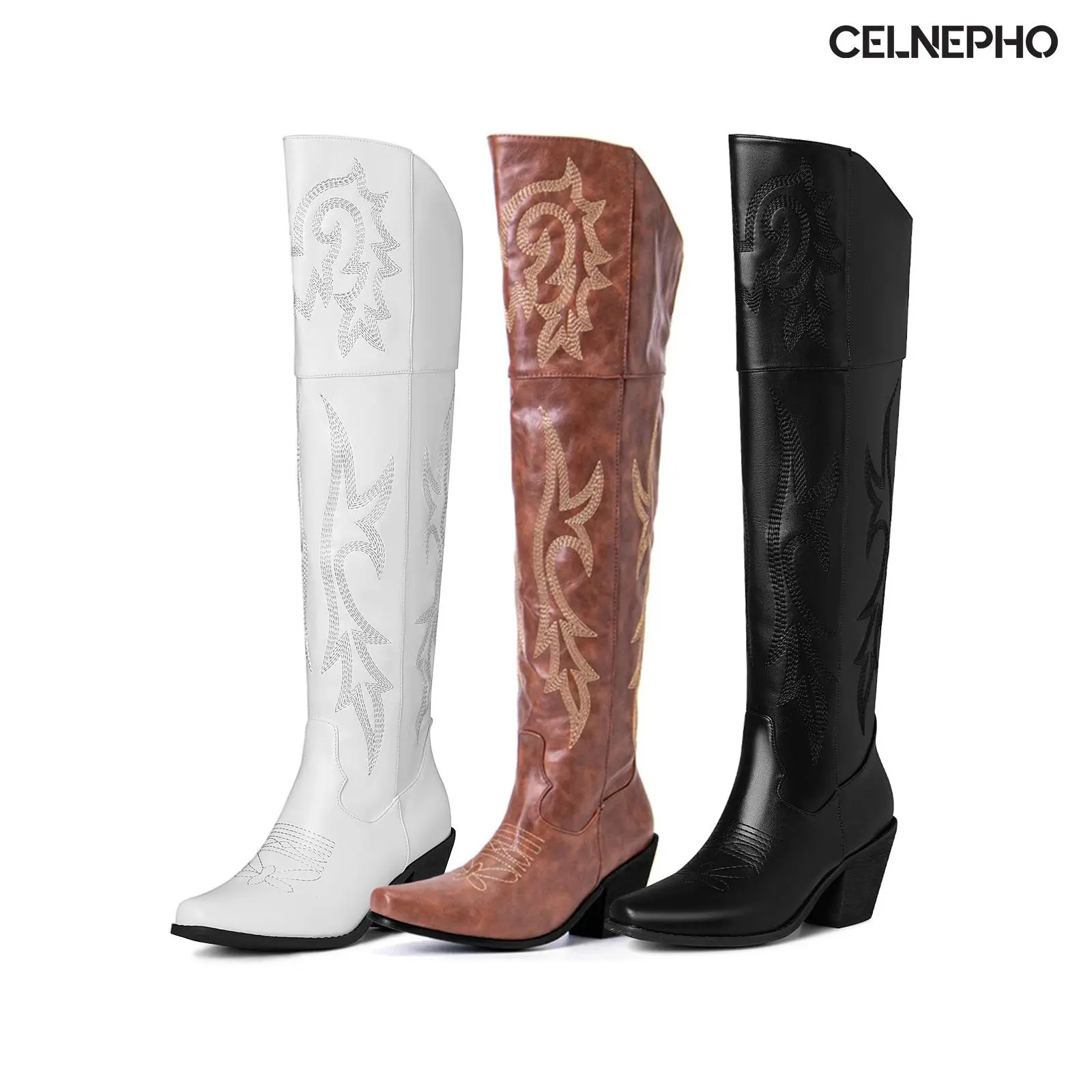 CELNEPHO Cowboy Boots for Women Pointed Toe Chunky Block Heel Side Zipper Closure Cassic Stitching Western Over The Knee Booties Vintage Embroidery Design Fashionable Boot Gifts for Work Party Country Wedding Summer Tall Trendy Dress Shoes