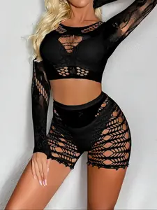 Women's Solid Color Cover Up Top & Shorts Set, Casual Hollow Out Long Sleeve Round Neck Top & Shorts Set for Beach Holiday Vacation, Ladies Clothes for All Seasons, Beach Cover Ups, Swimsuit Cover Up, Sheer Cover Up, Beachwear Cover Up