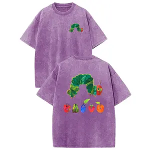 Holafish Heavyweight Cotton Crewneck Streetwear T-Shirt, Retro Acid Wash "The Very Hungry Caterpillar" Dual Side Graphic Printed Unisex Fashion Tees