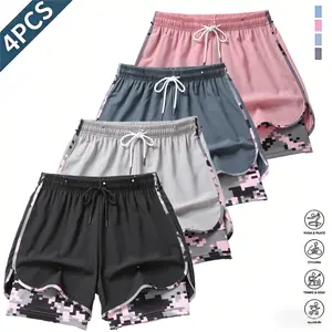 Set of four women’s double-layer camouflage shorts with contrasting colors—trendy athletic style featuring a layered design. Elastic drawstring waistband for adjustable fit, curved hem detailing that shapes the legs. Breathable, stretchy fabric that is sk