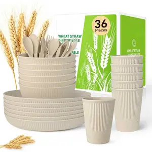 Wheat Straw Dinnerware 36-Piece Set for 6 Beige Eco-Safe Reusable Tableware with Plates Bowls Cups Cutlery Dishwasher & Microwave Safe Lightweight Portable for All Occasions Indoor Kids