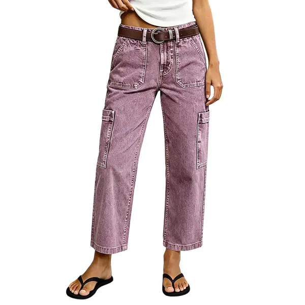 Flamingals Solid Side Pocket Mid Waist Straight Leg Crop Pants Without Belt Womenswear Stretchy 25" Inseam