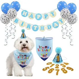 Pet Birthday Party Decoration and Arrangement with Blue Balloons Paw Prints Banner and Number Decorations for Dog's Special Day