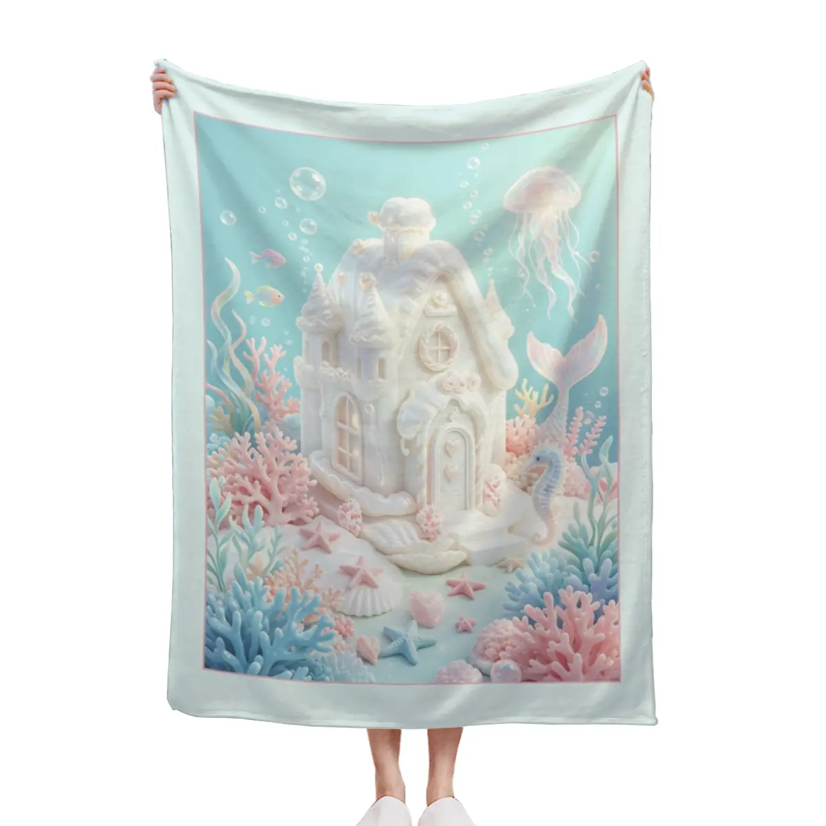 Anti-Allergic Underwater Mermaid Castle Pastel Quilt, Ocean Fairy Tale Girls' Dreamy Soft Furnishing Textile Blanket, Anti-Allergic Quilts