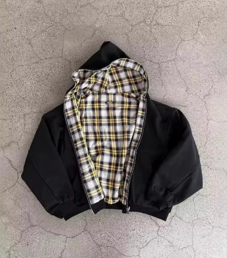 Retro yellow checkered double-sided reversible double-zipper hoodie for men and women, with a loose fit and a hooded design.