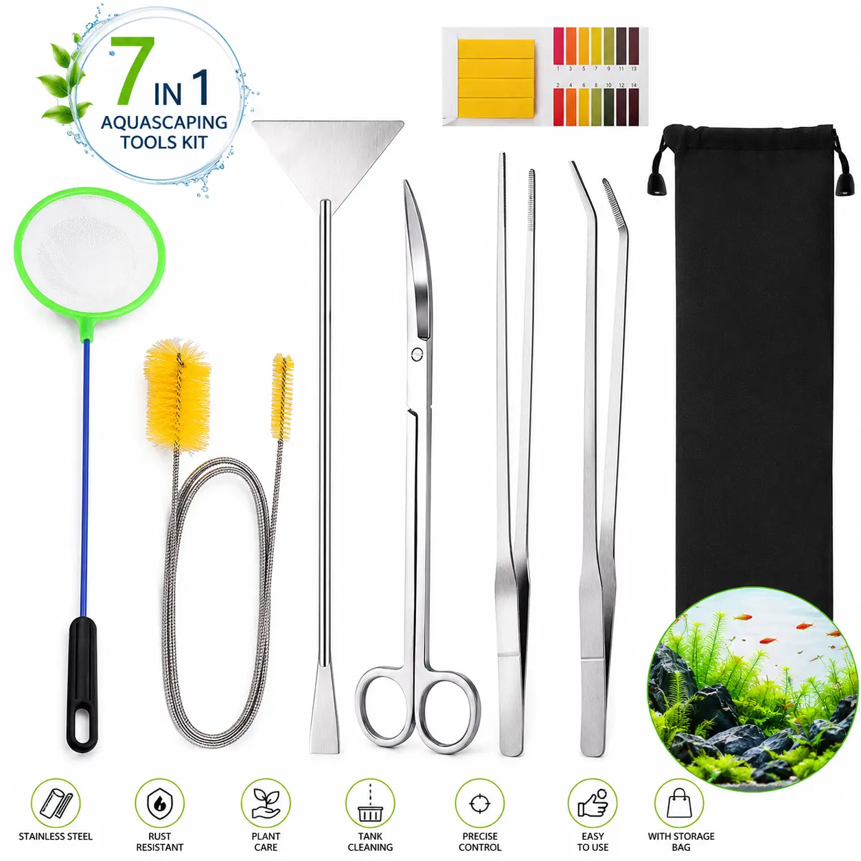 7 in 1 Aquarium Aquascaping Tools Kits,Stainless Steel Aquarium Plant Tools Tweezers Scissors Scrapers for Aquarium Tank Clean Fish Tank Aquascape Tools Sets