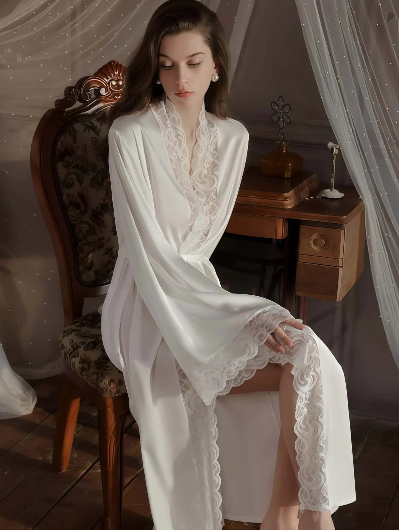 Women's Slim-Fitting Cute Style Silky Satin Long-Sleeve Bathrobe & Dressing Gowns - Thin Classic Glam Loungewear with Lace Trim, Belt, Straps (Bathrobe Gown), & Dressing Gowns Cute Style Bathrobes