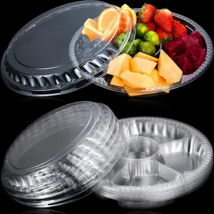 12 Pack Round Plastic Veggie Tray with Lid Fruit Tray 6 Divided Compartment Container Food Serving Dip Platter Reusable Catering Trays for Veggie Fruit Snack Party and Buffet