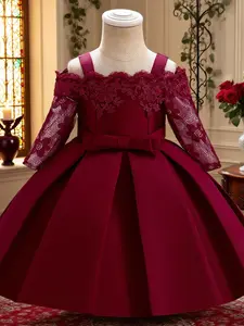 Girls' lace satin A-line dress elegant party wear solid color with waist bow detail suitable for special occasions