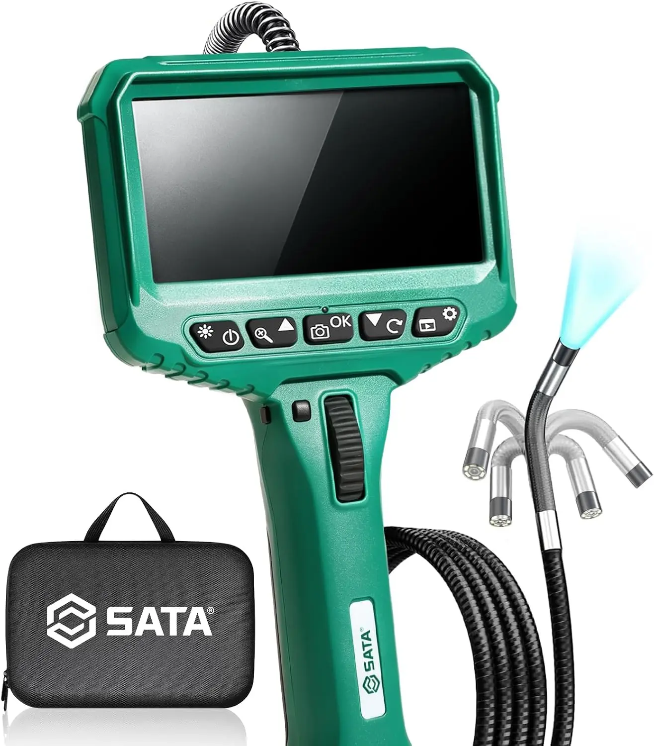SATA Two-Way Articulating Borescope with Light, 210° Articulation, Industrial Endoscope Camera, IPS HD Display, Flexible Snake Probe for Automotive Engine, HVAC, Plumbing and Mechanical Inspection-5FT