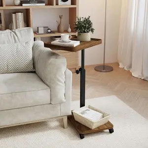 End Table, Adjustable Height Side Table, 360? Rotating MDF Veneer Sofa Side Table with Lockable Wheels, C-Shaped TV Tray Table for Living Room Bedroom (Walnut Brown)