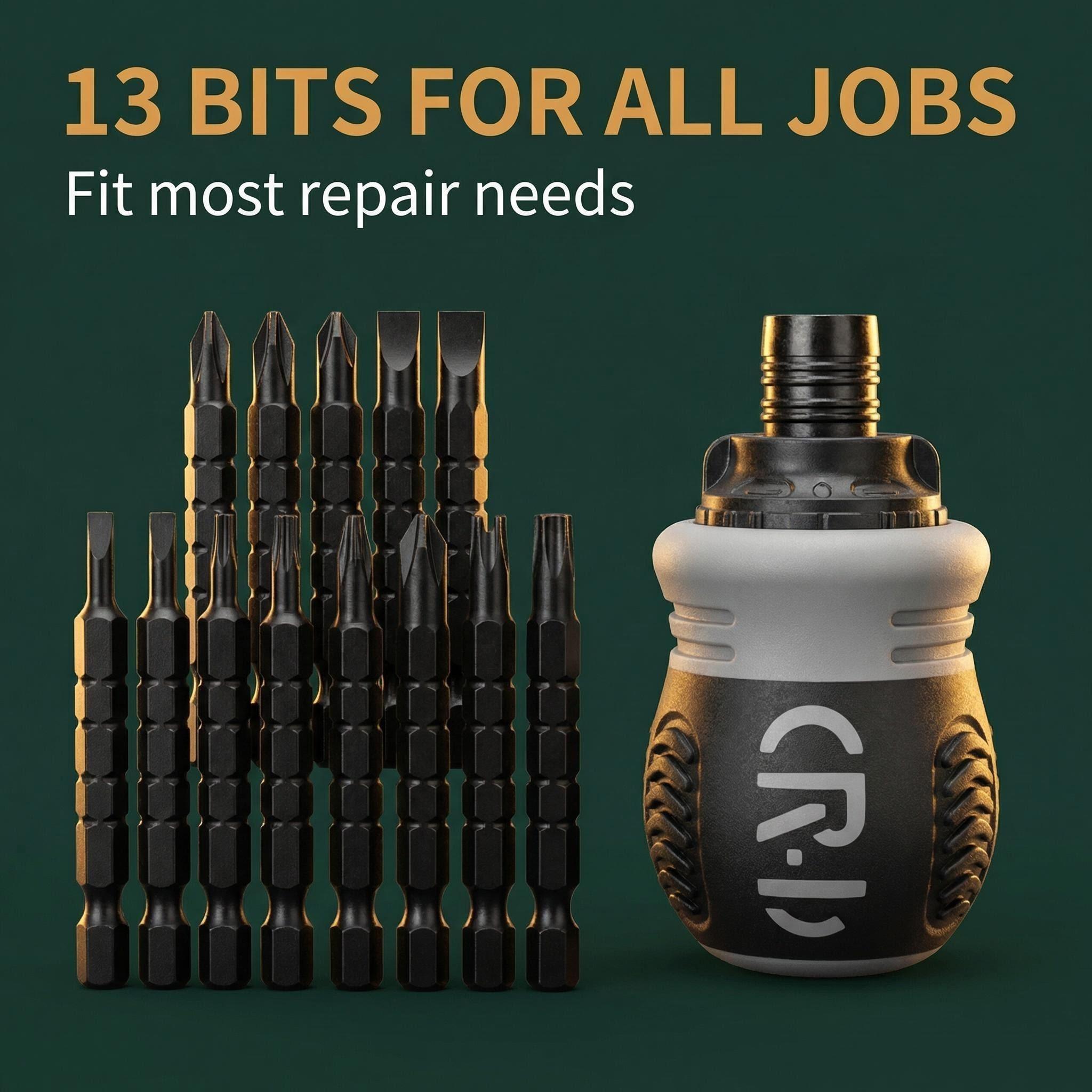 Ratchet Screwdriver 13-Piece Set+Magnetizer,CR-V Bits,Fast ReverseShort ratchet screwdriver CR-V hardened hard dual-purpose screwdriver head Telescopic dual-purpose screwdriver cross Slotted screwdriver head Screwdriver powerful magnetic multi-function
