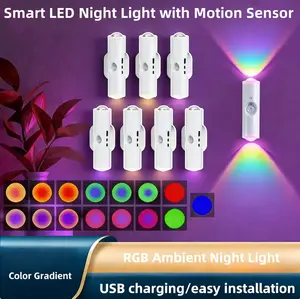 3/4Pcs USB Rechargeable Smart LED Night Light – Motion Sensor, RGB Gradient Dimmable Wall Lamp, Magnetic Step Light for Bedroom, Entryway, Hallway & Stairs, Easy Charging & Convenient Room Decor
