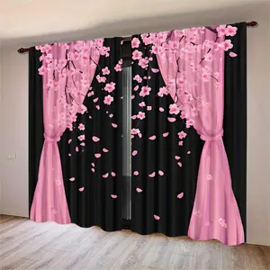 2 pieces of cherry blossom printed polyester curtains, featuring pocket rod installation, suitable for living rooms, wardrobes, bedrooms, studies, dining rooms, and home decoration. They make a great gift for friends.