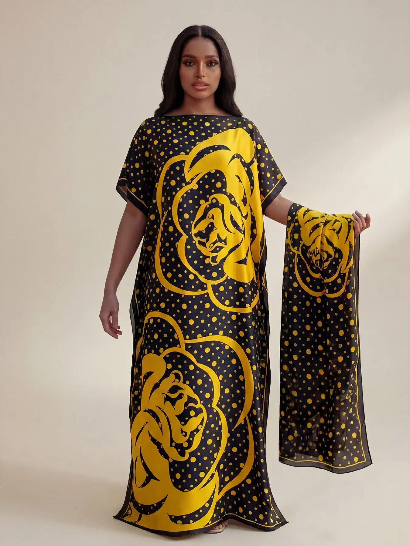 Women's Beach Cover-Up Set, Fashionable Full-Print Robe & Scarf Headband, Sun Protection Satin Silk Shawl for Summer