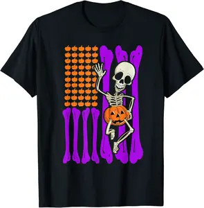 Bones Pumpkins US American Flag Skeleton Halloween Costume T-Shirt - Tomasleza Shop 42B09J3XLVYD