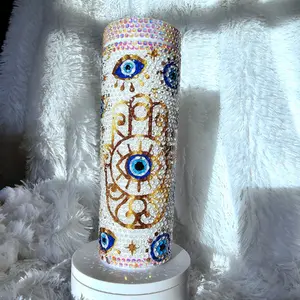 Handmade Evil eye off Rhinstoned skinny acrylic tumbler . Reusable Drinkware Lightweight Water Bottles Straw Lid Bottle