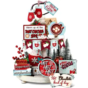 15 Pcs Christmas Tiered Tray Set, with Hot Cocoa Wood Signs, Warm Winter Tabletop Decor and Centerpiece for Holiday Home Tables