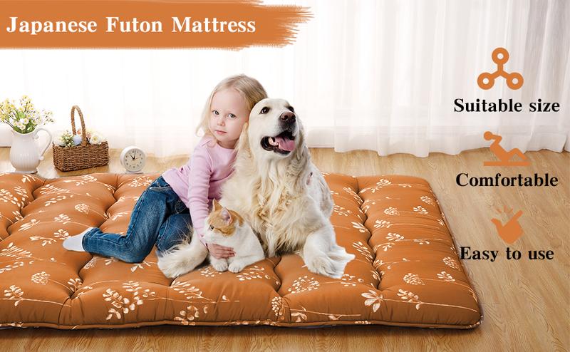 【GARVEE】Japanese Futon Mattress, Futon Floor Mattress Japanese Style Floral Pattern Mattress for Floor, Tatami Mat, Sleeping Mattress Pad for Camping Travel (Flowers-red, Full(80"L x 54"W))