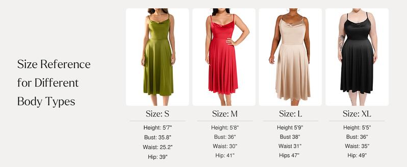 Popilush Satin Cowl Neck Spaghetti Strap Midi Swing Dress - Casual Breathable Elastic Fabric for Everyday Womenswear Feminine Adjustable Mesh